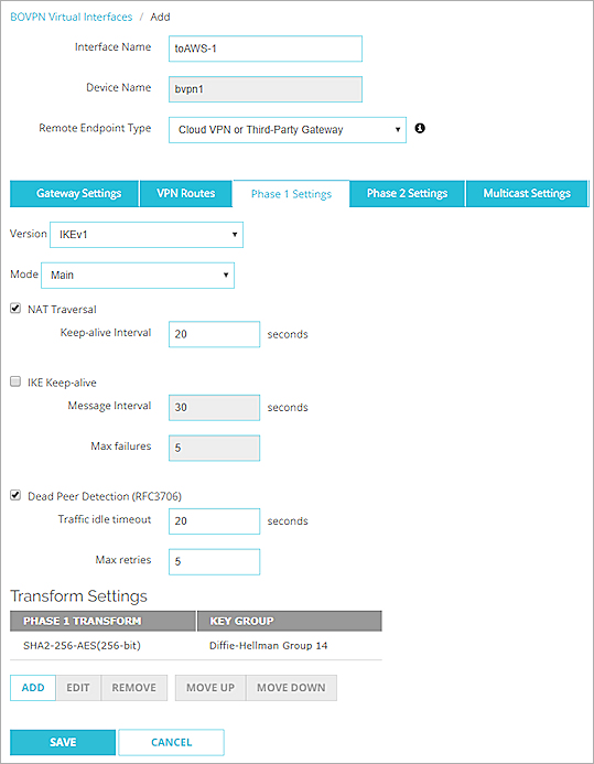 Screen shot of the Phase 1 settings for a BOVPN virtual interface