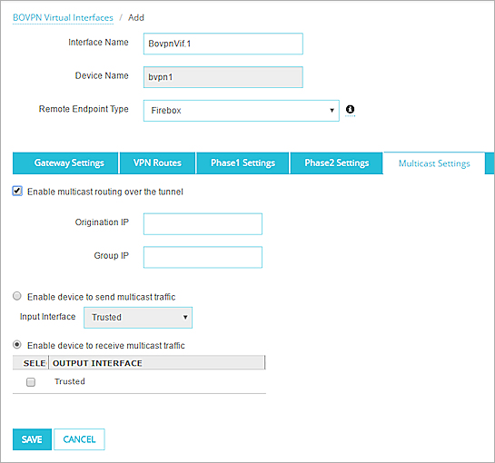 Screen shot of the BOVPN Virtual Interfaces page, Multicast Settings tab