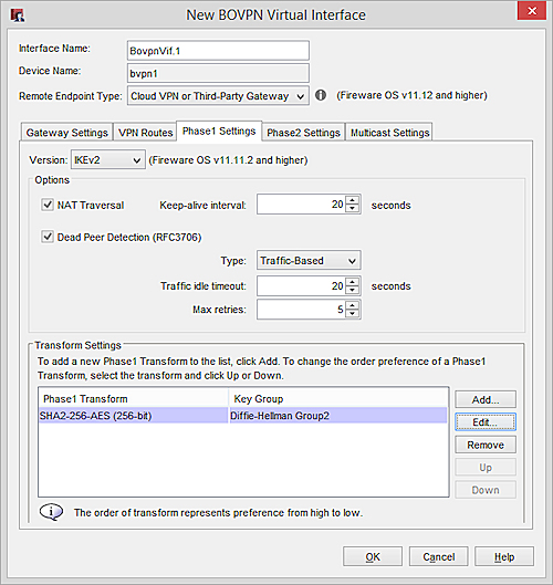 Screen shot of Phase 1 settings in Policy Manager