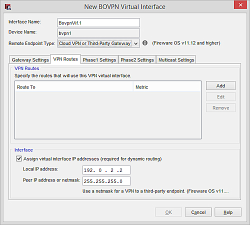 Screen shot of the BOVPN virtual interface, VPN Routes tab