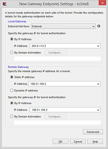 Screen shot of the New Gateway Endpoints Settings for Site A to Site B