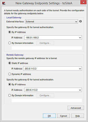 Screen shot of the New Gateway Endpoints Settings - SiteA