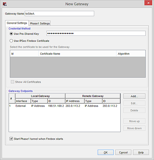 Screen shot of the New Gateway dialog box for gateway to SiteA