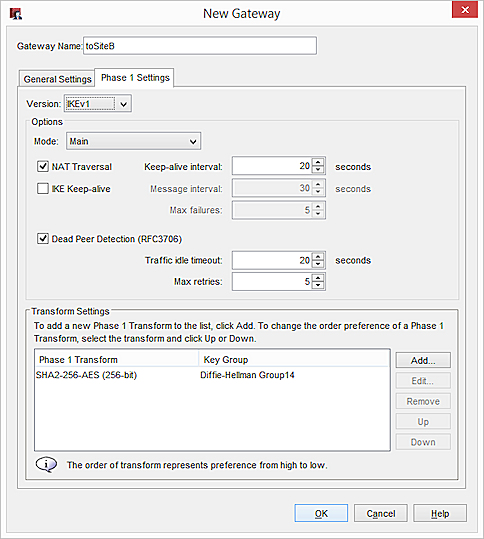 Screen shot of the New Gateway dialog box - Phase 1 Settings for Site A