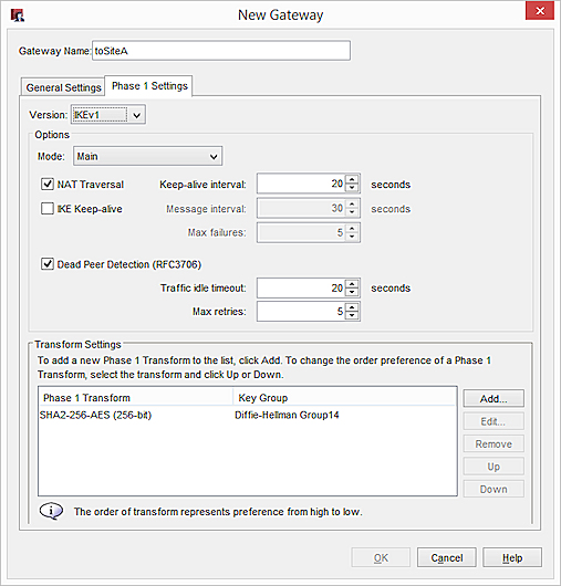 Screen shot of the New Gateway dialog box - Phase 1 Settings tab