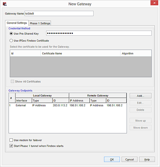 Screen shot of the New Gateway dialog box with gateway endpoints defined