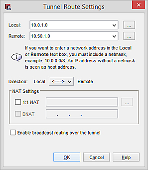 Screen shot of tunnel route settings