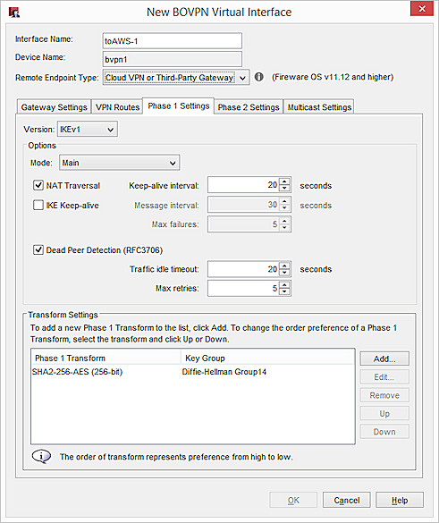 Screen shot of the Phase 1 settings for a BOVPN virtual interface