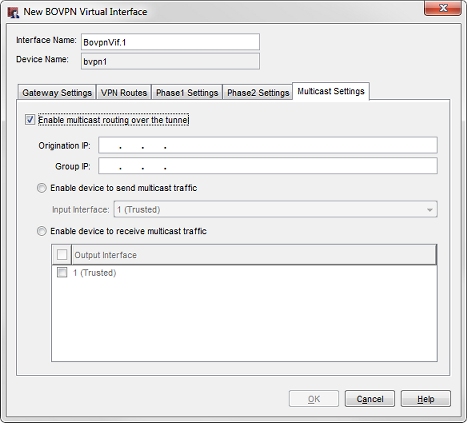 Screen shot of the New BOVPN Virtual Interface dialog box, Multicast Settings tab