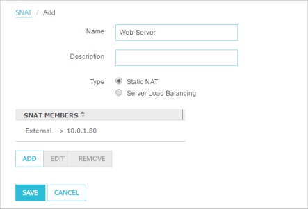 Screen shot of the Static NAT action for a web server 