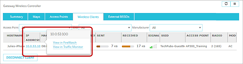 Screen shot of the Wireless Clients page with the IP address links to FireWatch and Traffic Monitor