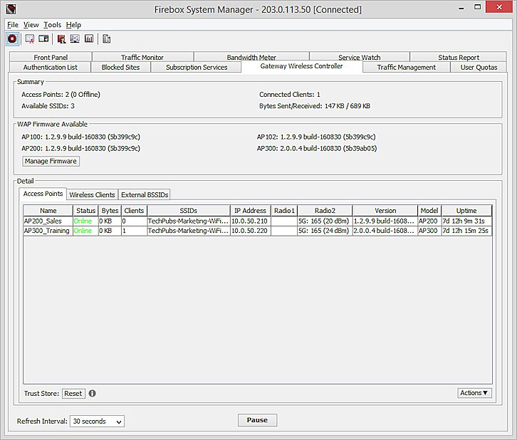 Screen shot of the Gateway Wireless Controller page, Access Points tab