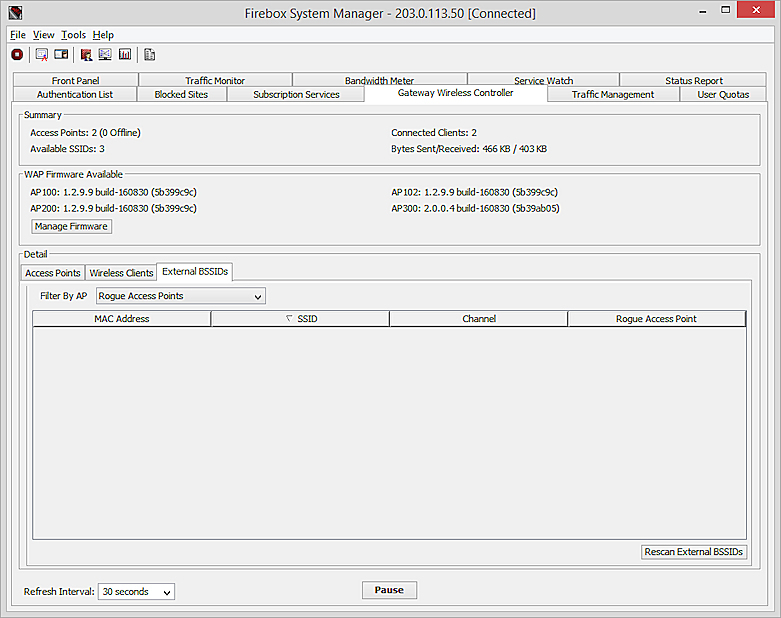 Screen shot of the GWC > External BSSIDs tab with Rogue Access Points selected