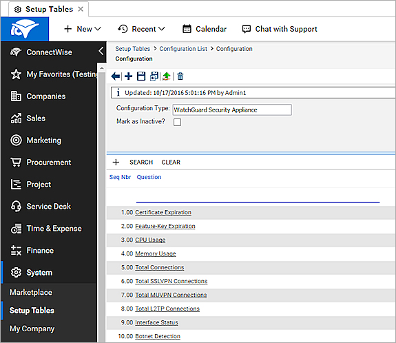 Screen shot of configuration question editing page in ConnectWise