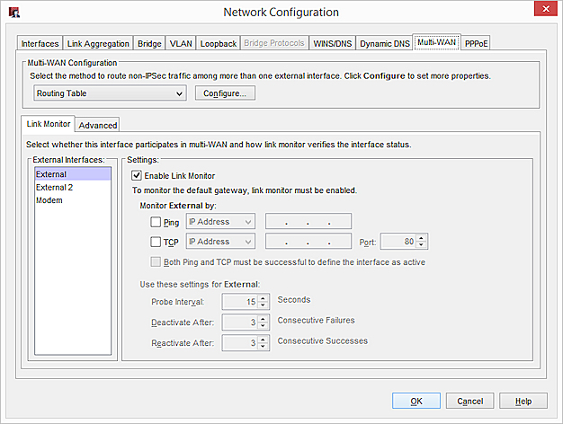 Network Configuration - Multi-WAN tab, Routing Table method selected