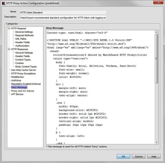 Screen shot of the HTTP Proxy Action Configuration dialog box, HTTP-Client Deny Message category
