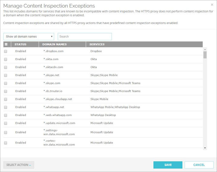 Screen shot of the HTTPS Manage Content Inspection Exceptions dialog box in Fireware Web UI