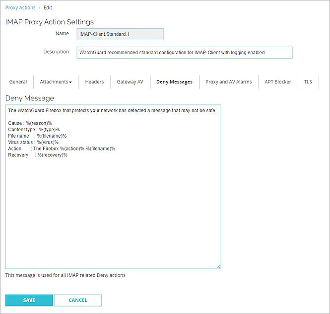 Screen shot of the Deny Message settings for an IMAP proxy action in Fireware Web UI