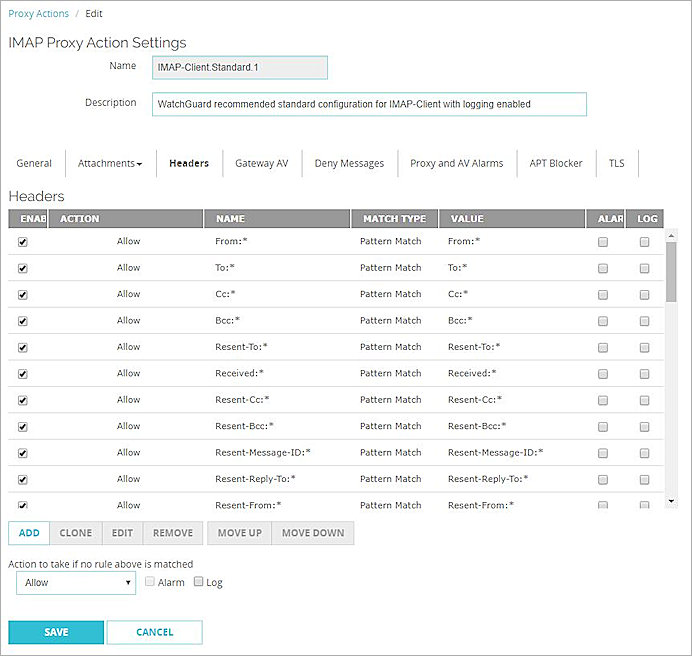 Screen shot of the Headers settings for an IMAP proxy action in Fireware Web UI