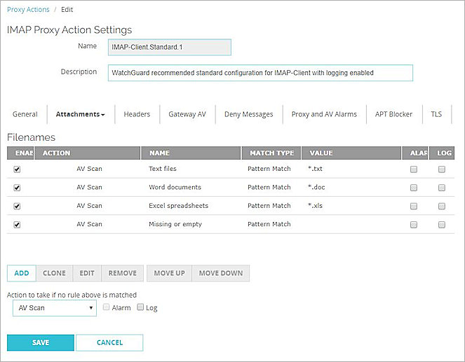 Screen shot of the Filenames settings for an IMAP proxy in Fireware Web UI