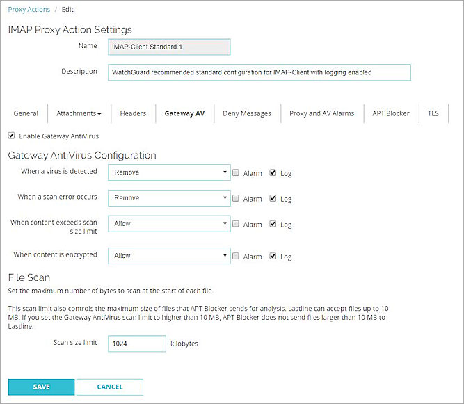 Screen shot of the Gateway AV settings for an IMAP proxy action in Fireware Web UI