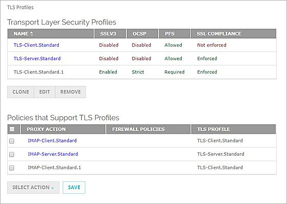 Screen shot of the TLS Profiles page in Fireware Web UI