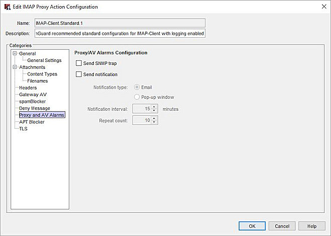 Screen shot of the Proxy and AV Alarms settings in Policy Manager