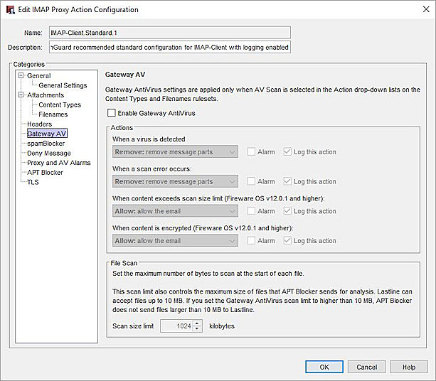 Screen shot of the Gateway AV settings in an IMAP proxy action in Policy Manager