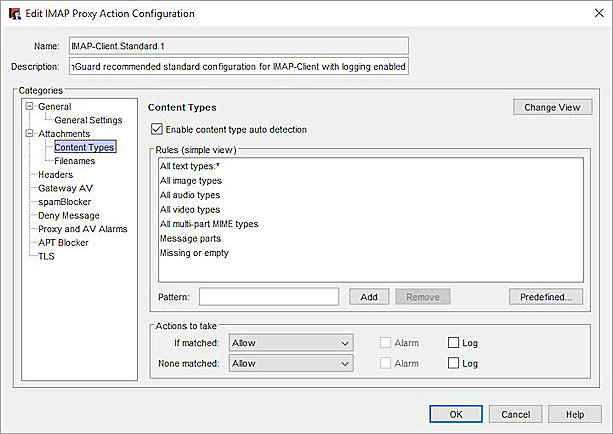 Screen shot of the xxx settings in an IMAP proxy action in Policy Manager