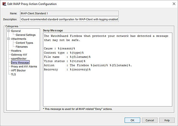 Screen shot of the Deny Message settings in an IMAP proxy action in Policy Manager