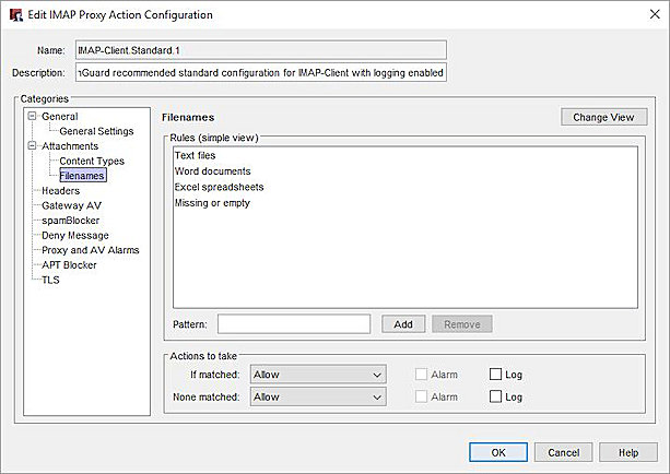 Screen shot of the Filenames settings in an IMAP proxy action in Policy Manager