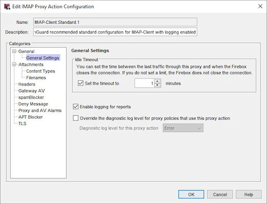 Screen shot of the General Settings in an IMAP proxy action in Policy Manager