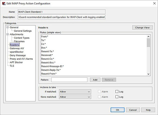 Screen shot of the Headers settings in an IMAP proxy action in Policy Manager