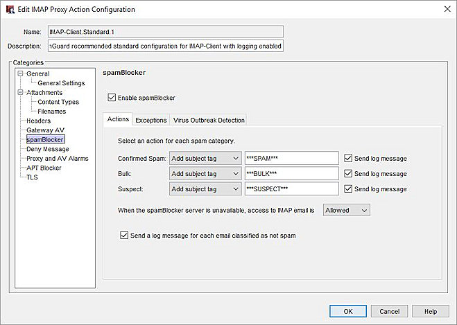 Screen shot of the spamBlocker settings in an IMAP proxy action in Policy Manager