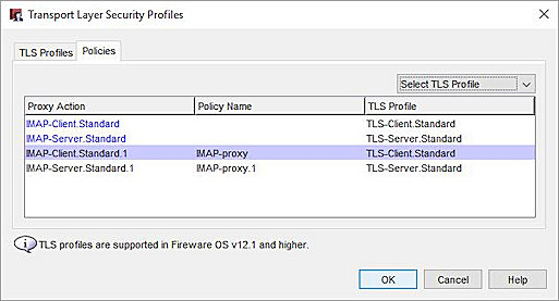 Screen shot of the TLS Profiles dialog Policies tab in Policy Manager