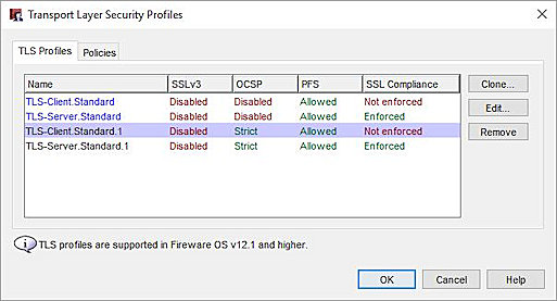 Screen shot of the TLS Profiles dialog in Policy Manager