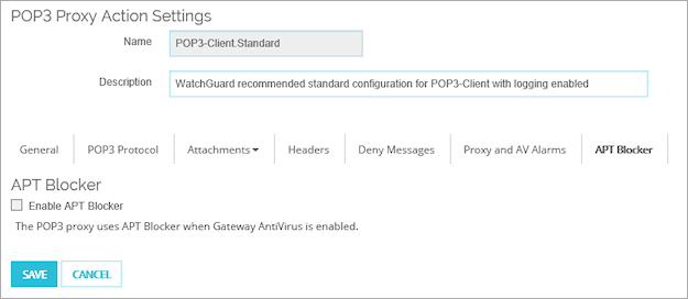 Screen shot of the Edit POP3-Proxy Action page, APT Blocker settings