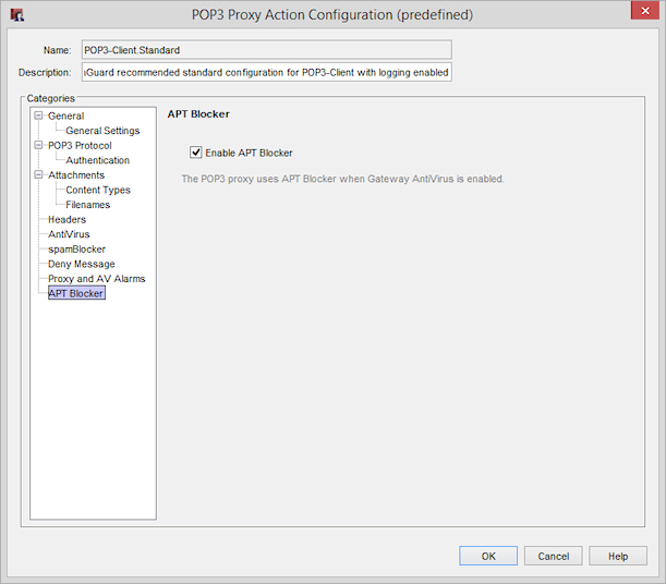 Screen shot of the Edit POP3-Proxy Action page, APT Blocker settings