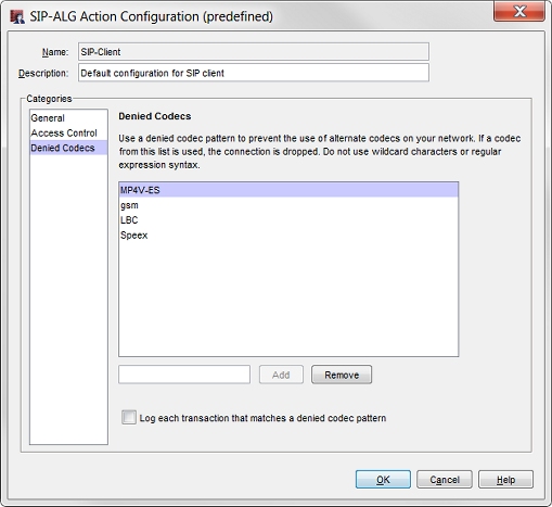 SIP ALG action configuration, denied codecs