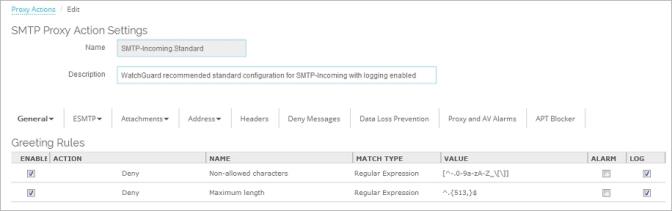 Screen shot of the SMTP Edit Proxy Action page, Greeting Rules settings