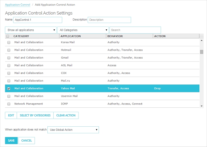 Screen shot of the Application Control Action Settings page with actions configured