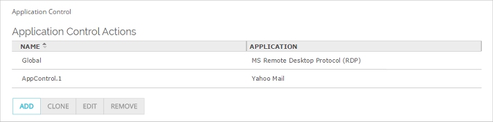 Screen shot of the Application Control page, with a new action added