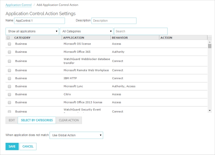 Screen shot of the Application Control Action Settings page