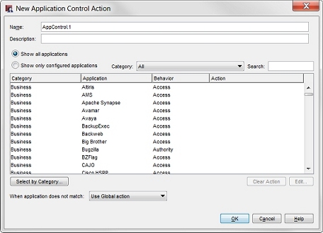 Screen shot of the New Application Control Action dialog box