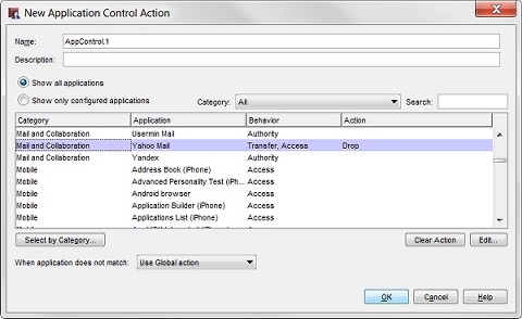 Screen shot of the New Application Control Action dialog box, with actions configured