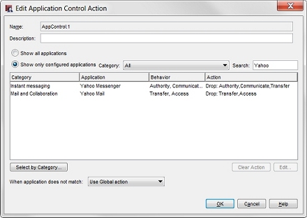 Screen shot of the Edit Application Control Action dialog box