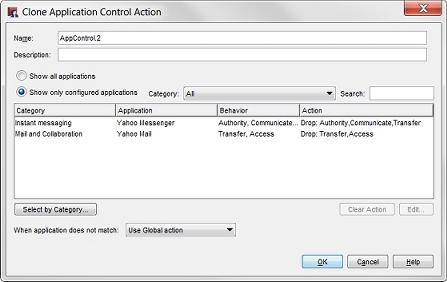 Screen shot of the Clone Application Control Action dialog box