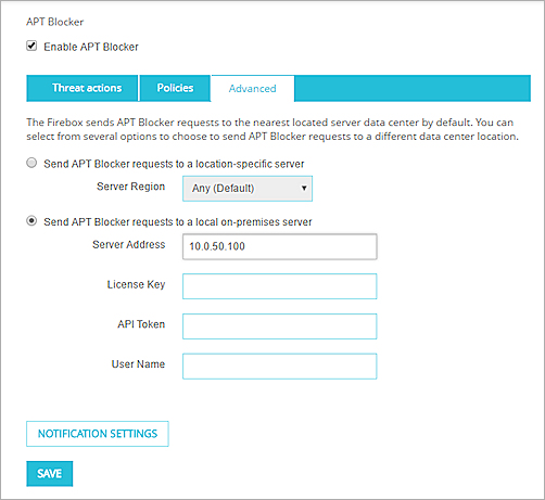 Screenshot of APT Blocker configuration - Advanced tab in Fireware Web UI