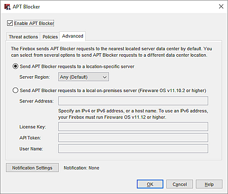 Screenshot of APT Blocker configuration page Advanced tab in Policy Manager