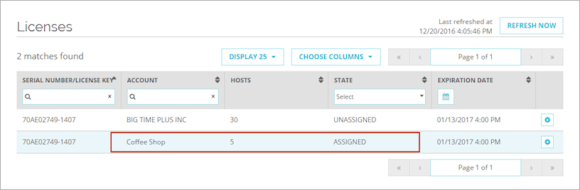 Screen shot of the Licenses page with an assigned license